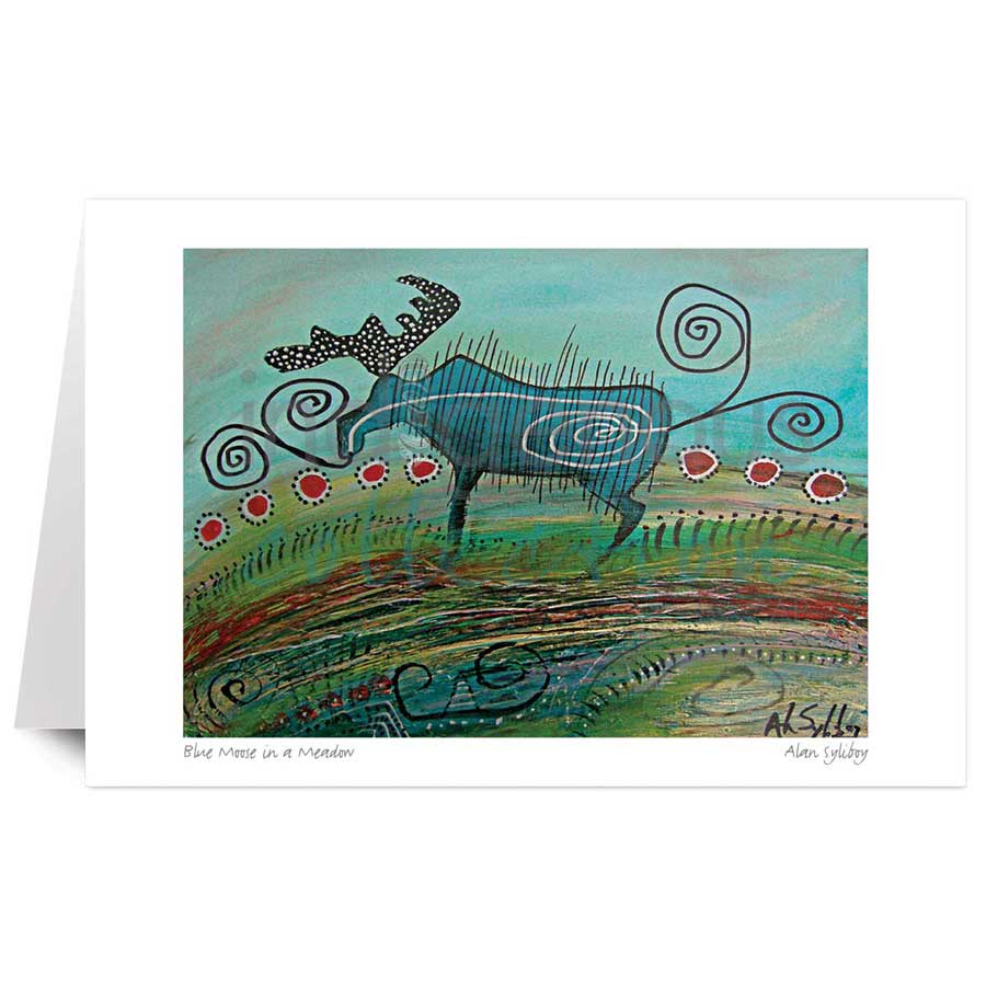 Blue Moose in a Meadow by artist Alan Syliboy