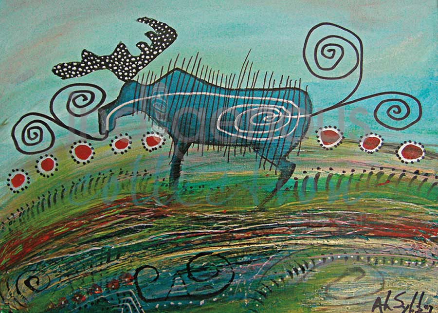 Blue Moose in a Meadow by artist Alan Syliboy