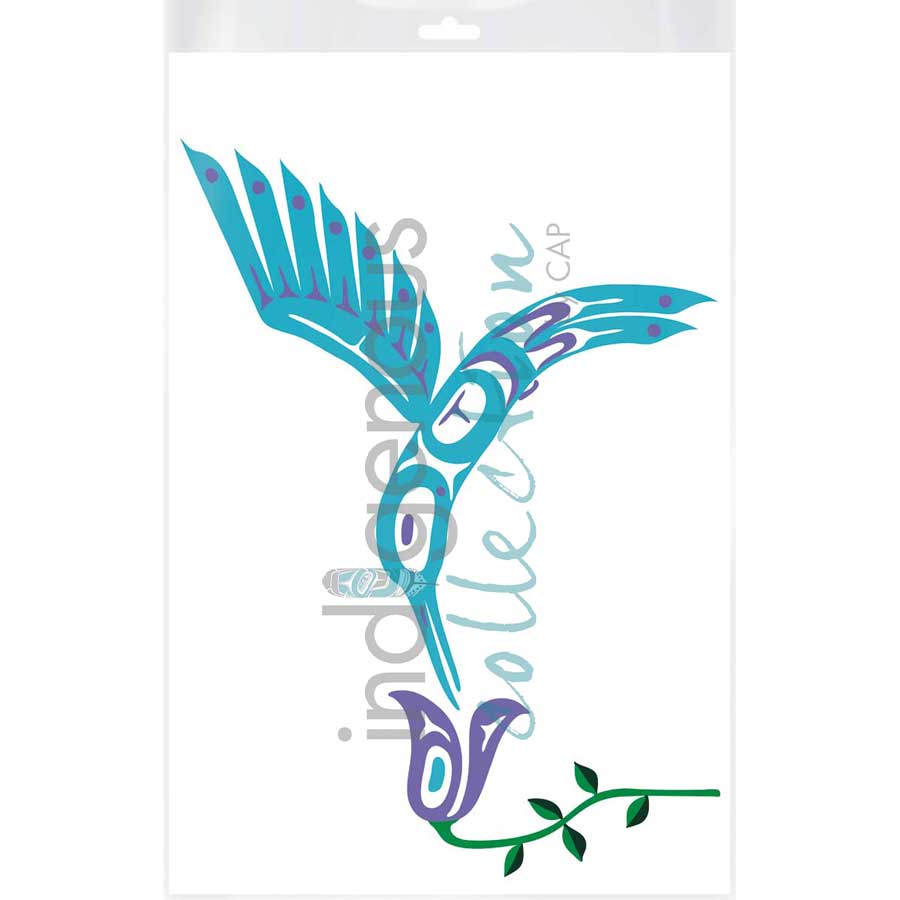 Blue Hummingbird & Flower by artist Pauline Bull - Interior Salish. Indigenous Collection