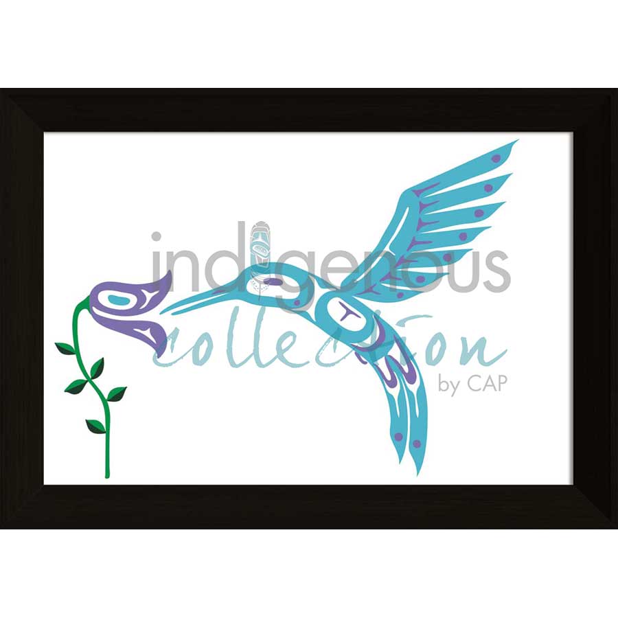 Blue Hummingbird & Flower by artist Pauline Bull - Interior Salish. Indigenous Collection