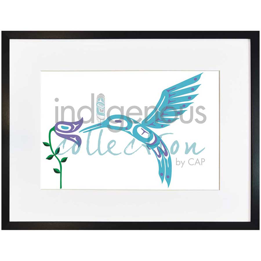 Blue Hummingbird & Flower by artist Pauline Bull - Interior Salish. Indigenous Collection