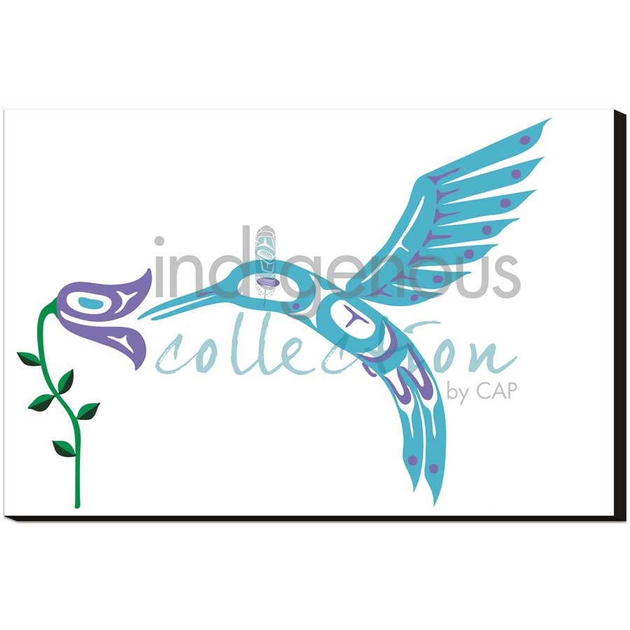 Blue Hummingbird & Flower by artist Pauline Bull - Interior Salish. Indigenous Collection